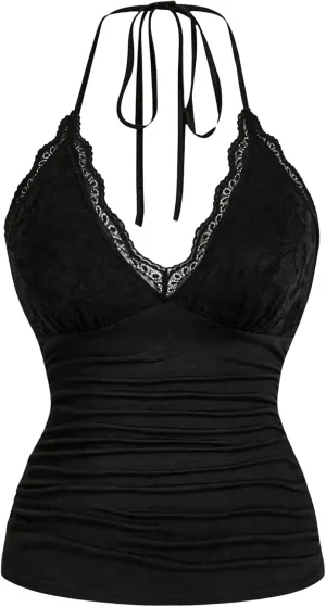 SOLY HUX Women's Plus Size Tops Lace Trim Halter V Neck Ruched Summer Cami Tops