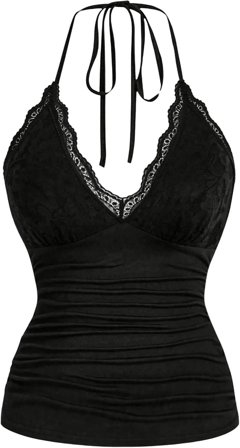 SOLY HUX Women's Plus Size Tops Lace Trim Halter V Neck Ruched Summer Cami Tops