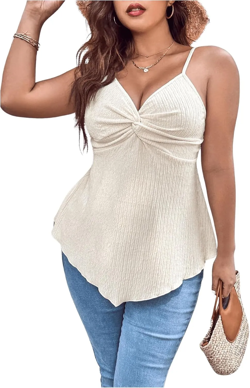 SOLY HUX Women's Plus Size Tops Summer Sexy Going Out Tops V Neck Sleeveless Twist Front Asymmetrical Cami Top