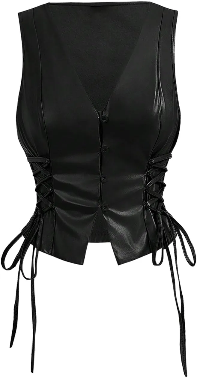 SOLY HUX Women's PU Leather Vest Tops Sexy Vintage Lace Up Button Down V Neck Crop Tank Tops