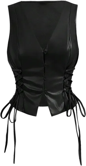 SOLY HUX Women's PU Leather Vest Tops Sexy Vintage Lace Up Button Down V Neck Crop Tank Tops