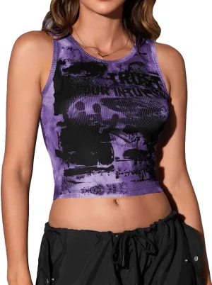 SOLY HUX Women's Y2K Gothic Graphic Tank Tops Scoop Neck Sleeveless Crop Going Out Tops Summer Clothes