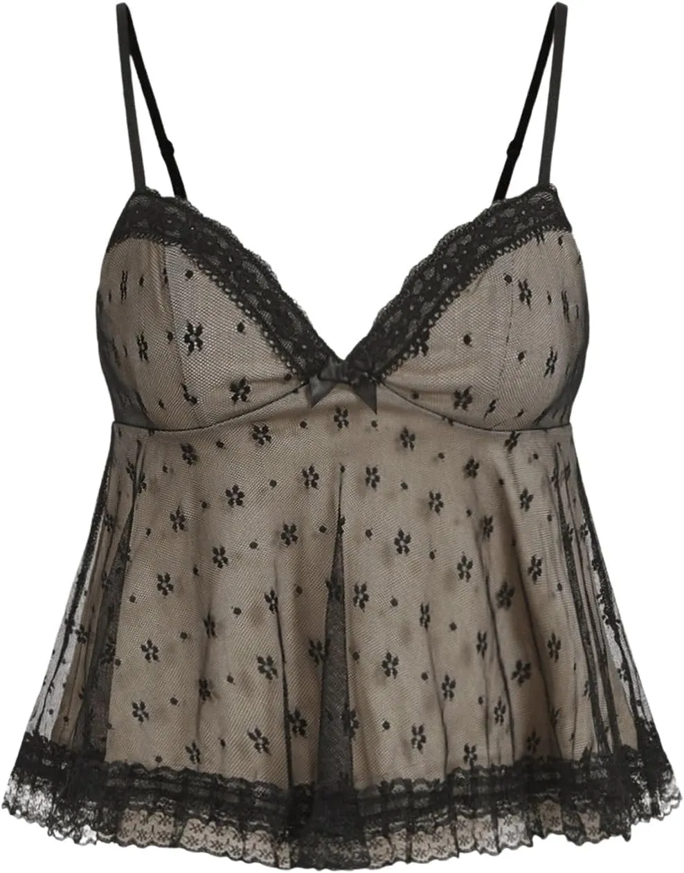 SOLY HUX Women's Y2k Lace Mesh Cami Tops V Neck Spaghetti Strap Ruffle Hem Peplum Camisole Tops