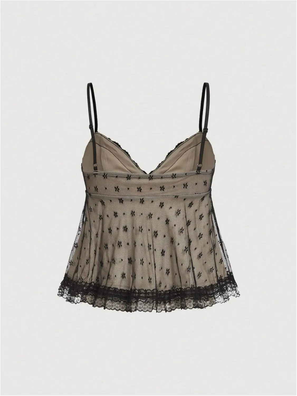 SOLY HUX Women's Y2k Lace Mesh Cami Tops V Neck Spaghetti Strap Ruffle Hem Peplum Camisole Tops