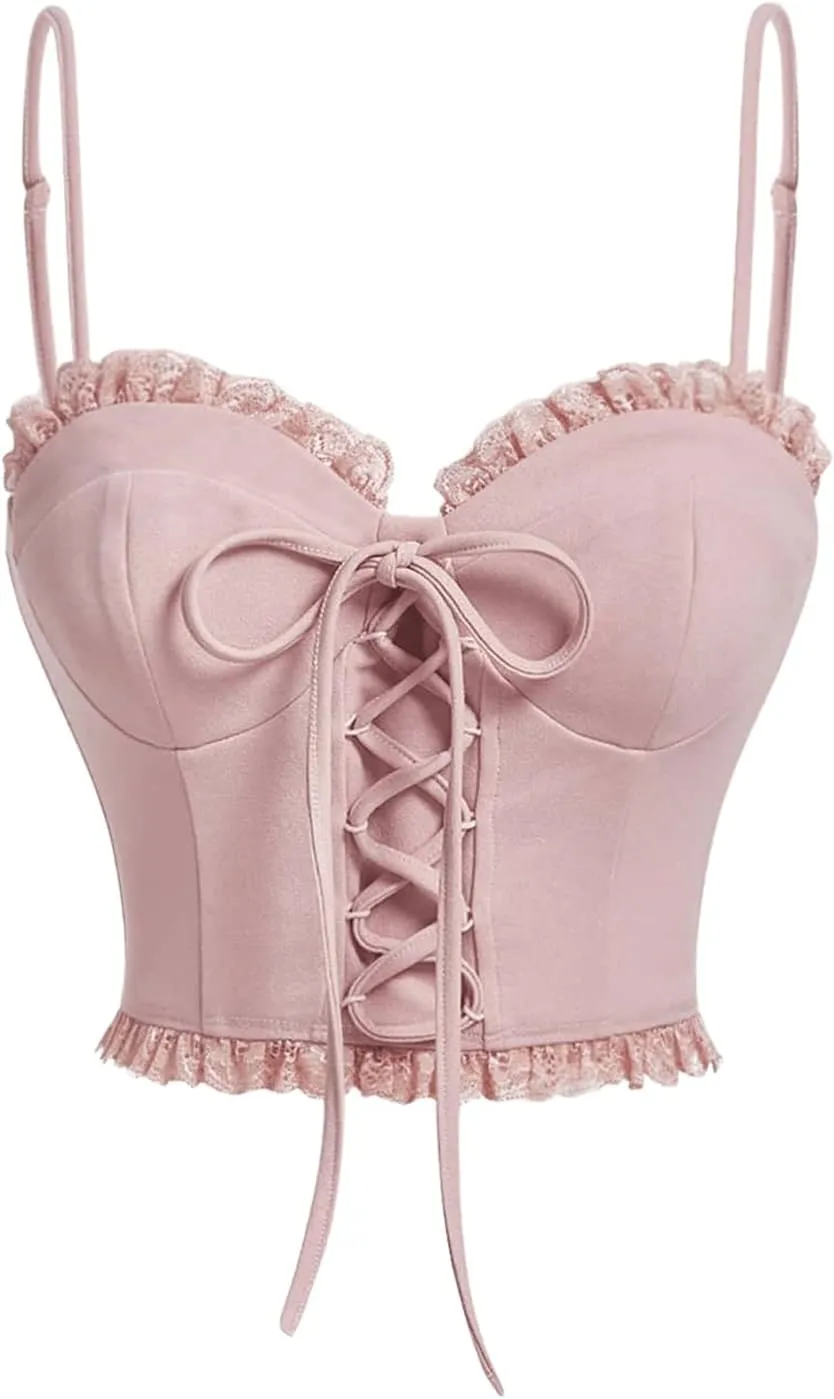 SOLY HUX Women's Y2k Lace Trim Lace Up Tie Front Cami Crop Tops Spaghetti Strap Summer Tops