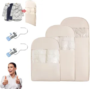 Space Saving Hanging Garment Bag with Self Compression Zipper, Hanging Garment Bag, Closet Organizers & Protector, Clear Garment Bags for Hanging Clothes (Off-white, 2Pc XL)