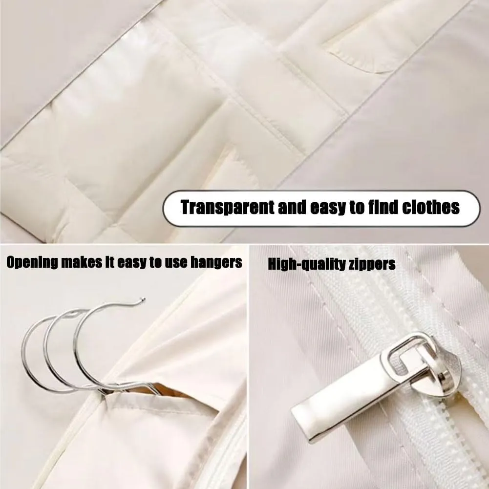 Space Saving Hanging Garment Bag with Self Compression Zipper, Hanging Garment Bag, Closet Organizers & Protector, Clear Garment Bags for Hanging Clothes (Off-white, 2Pc XL)