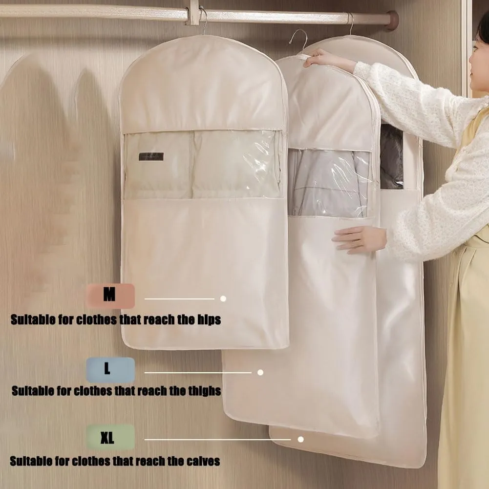 Space Saving Hanging Garment Bag with Self Compression Zipper, Hanging Garment Bag, Closet Organizers & Protector, Clear Garment Bags for Hanging Clothes (Off-white, 2Pc XL)
