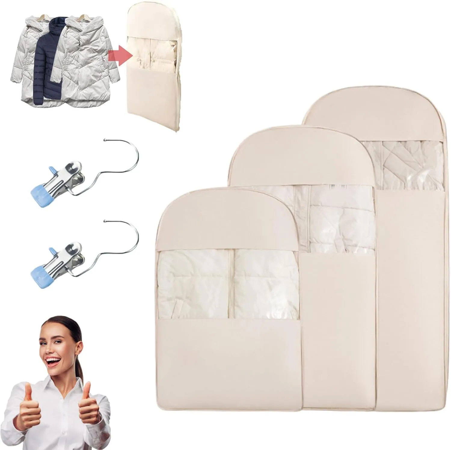 Space Saving Hanging Garment Bag with Self Compression Zipper, Hanging Garment Bag, Closet Organizers & Protector, Clear Garment Bags for Hanging Clothes (Off-white, 2Pc XL)
