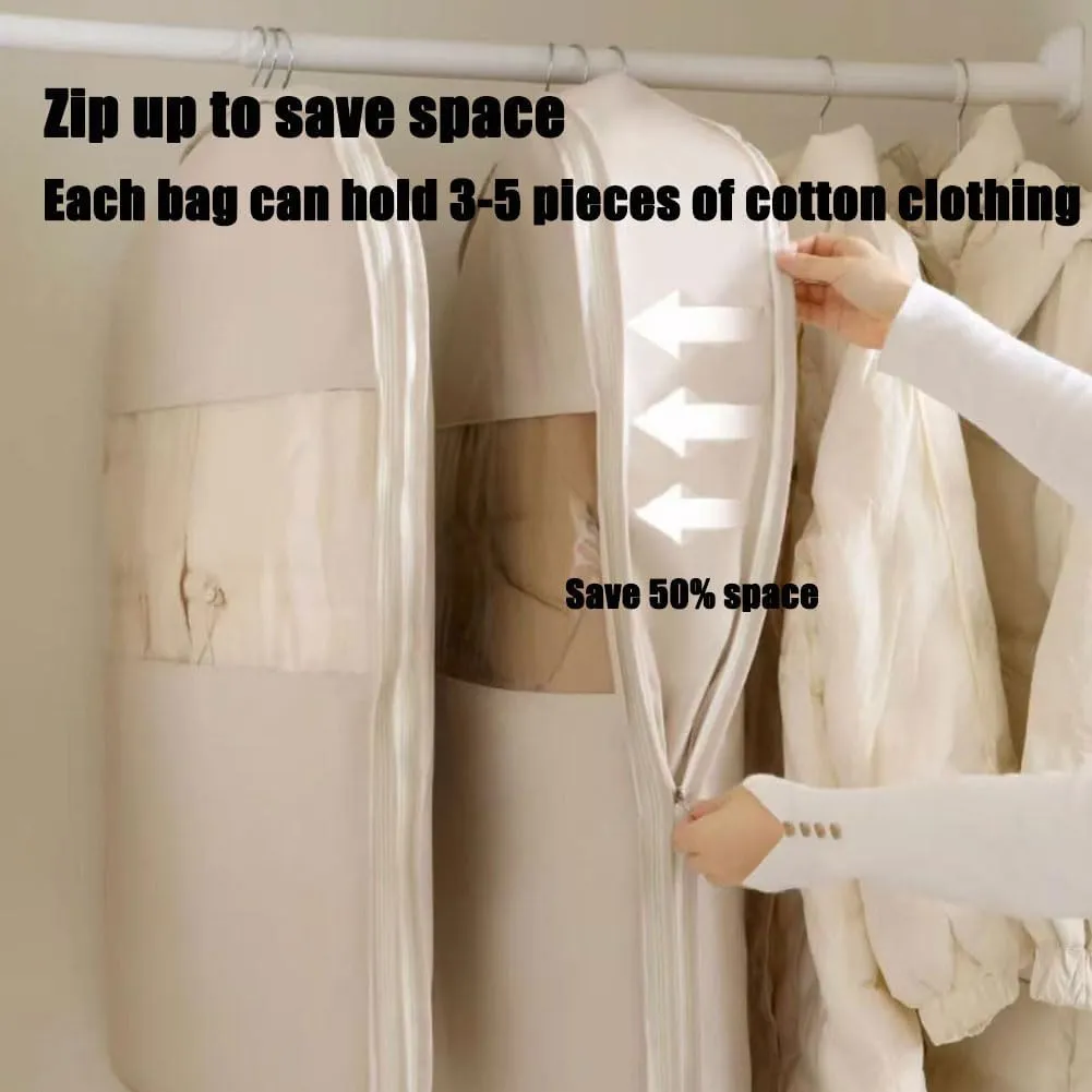 Space Saving Hanging Garment Bag with Self Compression Zipper, Hanging Garment Bag, Closet Organizers & Protector, Clear Garment Bags for Hanging Clothes (Off-white, 2Pc XL)