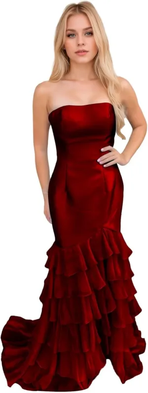 Strapless Satin Prom Dresses for Women Mermaid Bridesmaid Dress Tiered Ruffle Chiffon Evening Party Gown Long Slit