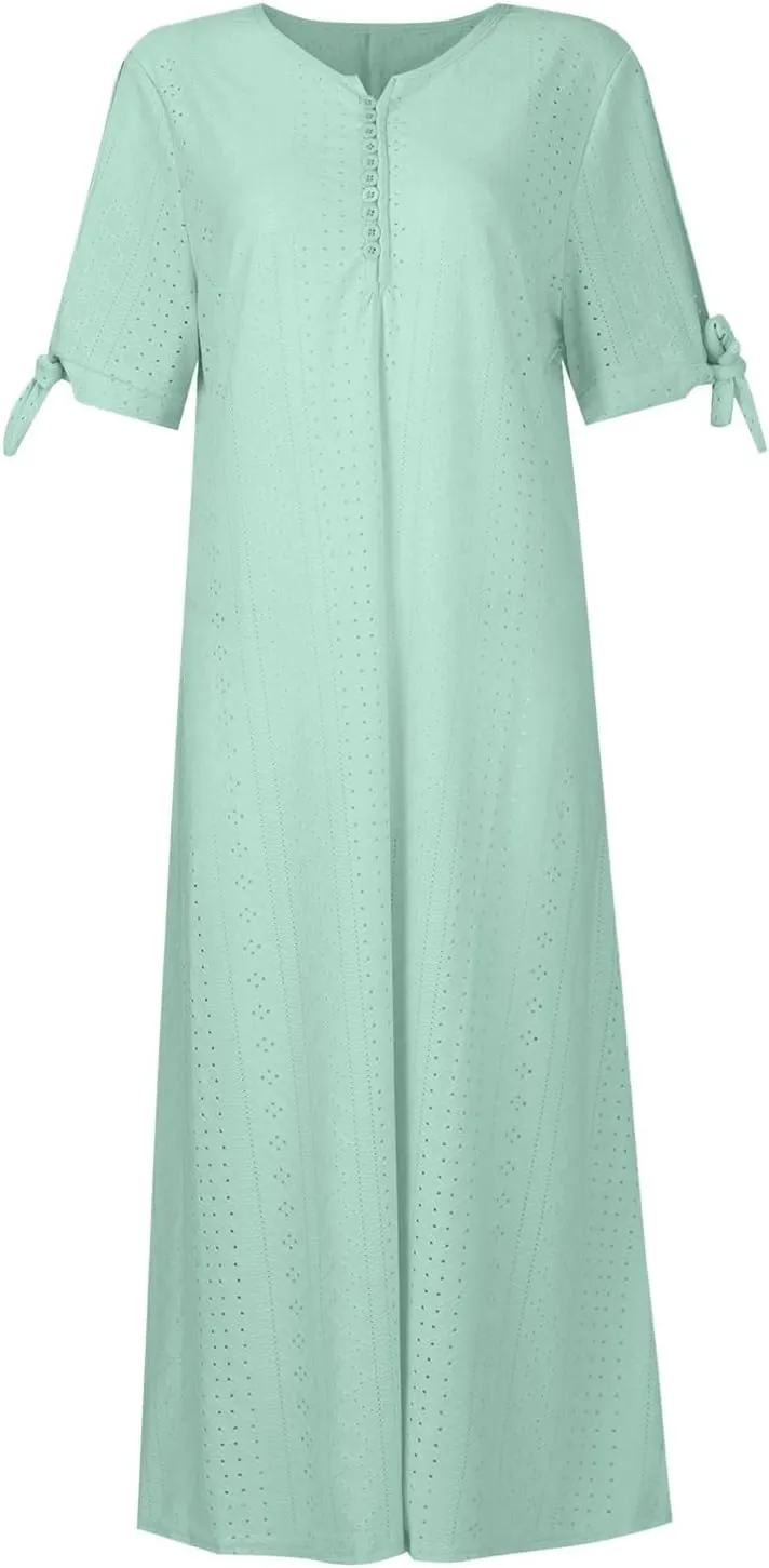 Summer Beach Dresses for Women 2025 Vacation Short Sleeve V Neck Midi Eyelet Dress Hollow Beachy Sundress with Pocket