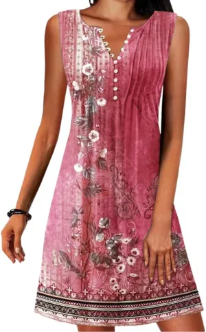 Summer Beach Dresses for Women Casual Sleeveless V Neck Boho Floral Dress Button Down Mini Sundress