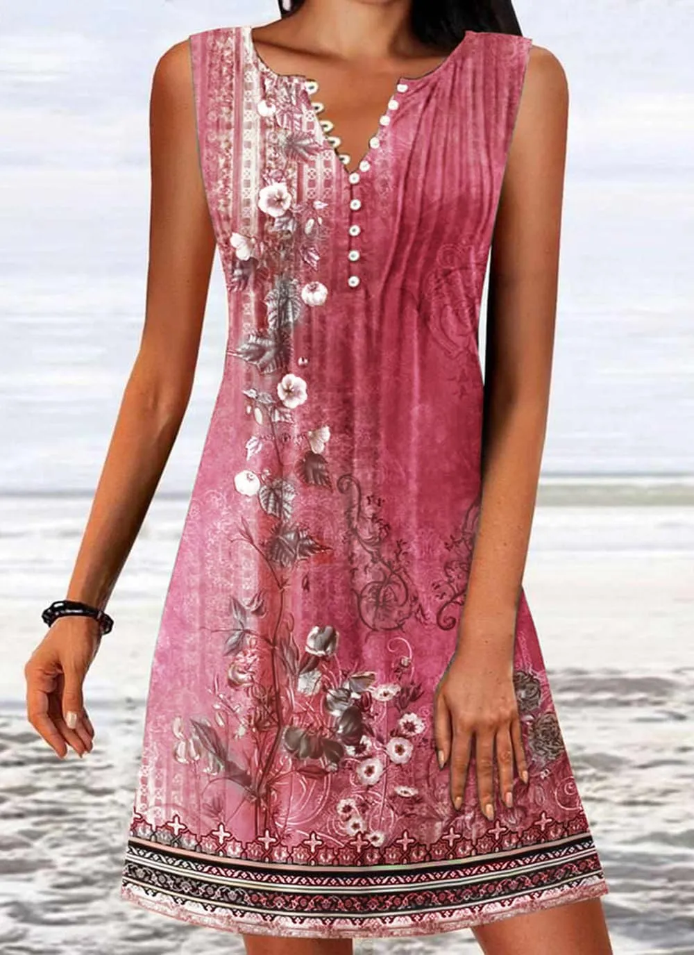 Summer Beach Dresses for Women Casual Sleeveless V Neck Boho Floral Dress Button Down Mini Sundress