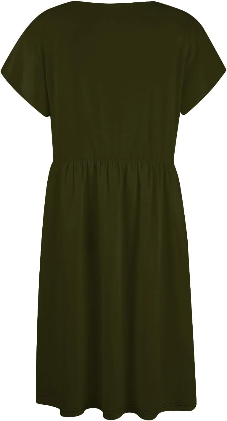 Summer Dresses for Women 2024 Round Neck Fly Sleeve Casual Loose Swing Button Beach Midi Dresseswith Pocket