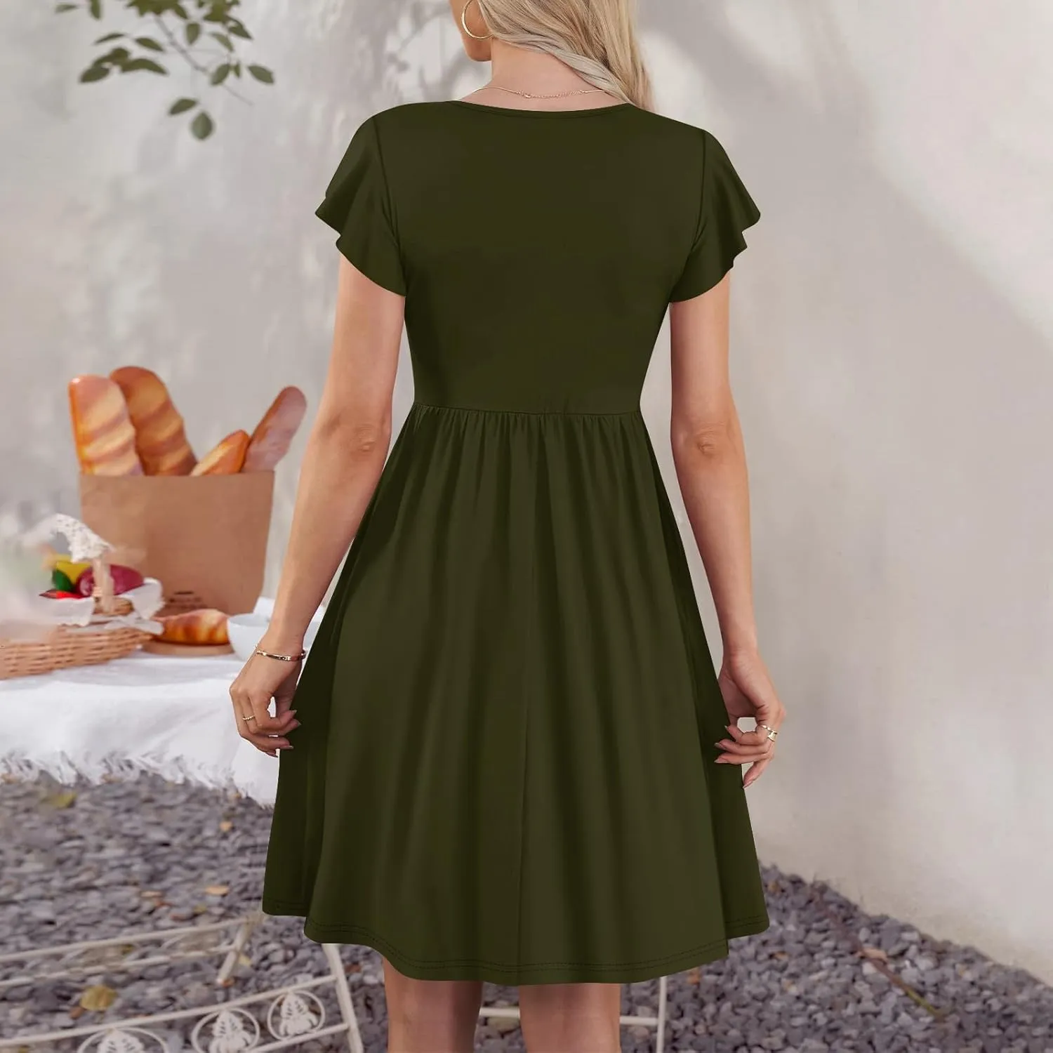 Summer Dresses for Women 2024 Round Neck Fly Sleeve Casual Loose Swing Button Beach Midi Dresseswith Pocket