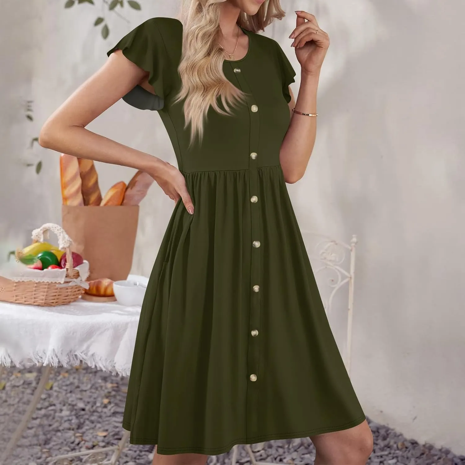 Summer Dresses for Women 2024 Round Neck Fly Sleeve Casual Loose Swing Button Beach Midi Dresseswith Pocket