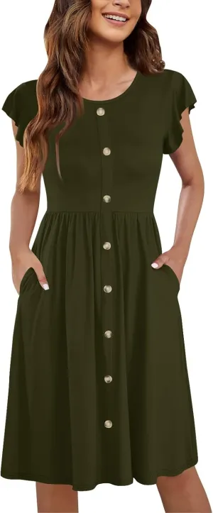 Summer Dresses for Women 2024 Round Neck Fly Sleeve Casual Loose Swing Button Beach Midi Dresseswith Pocket