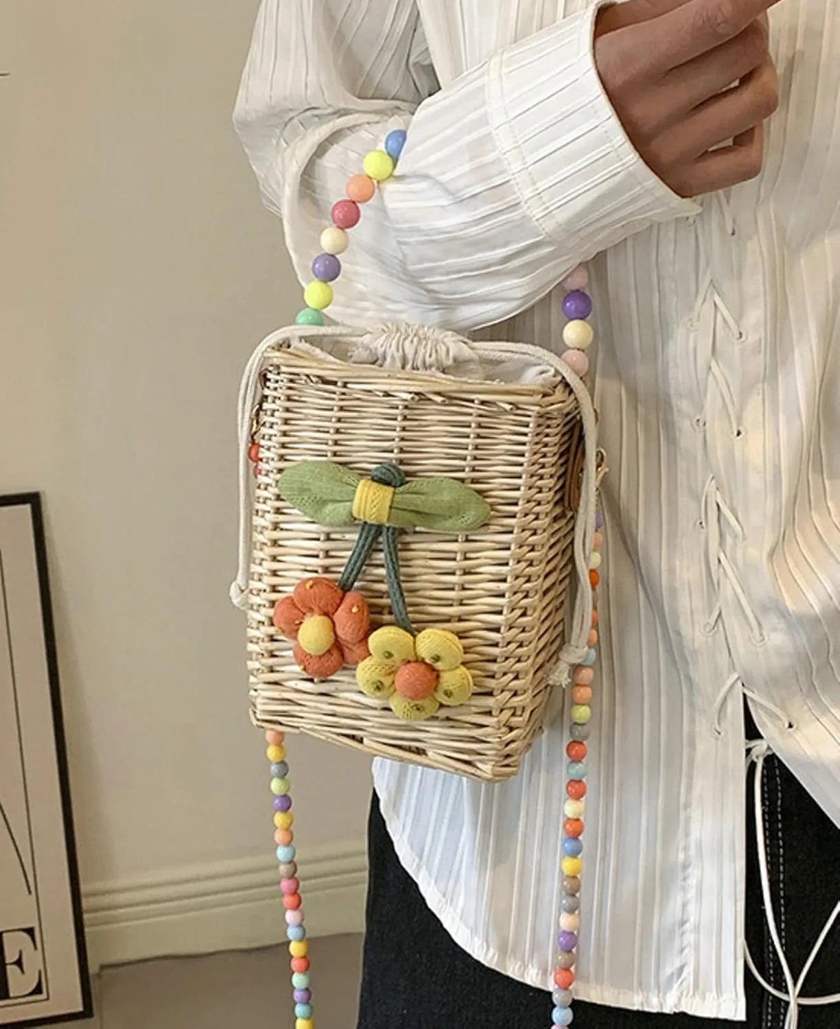 Summer Rattan Crossbody Handbag Colorful Beaded Satchel Shoulder Straw Beach Bucket Bag Travel Basket Bag