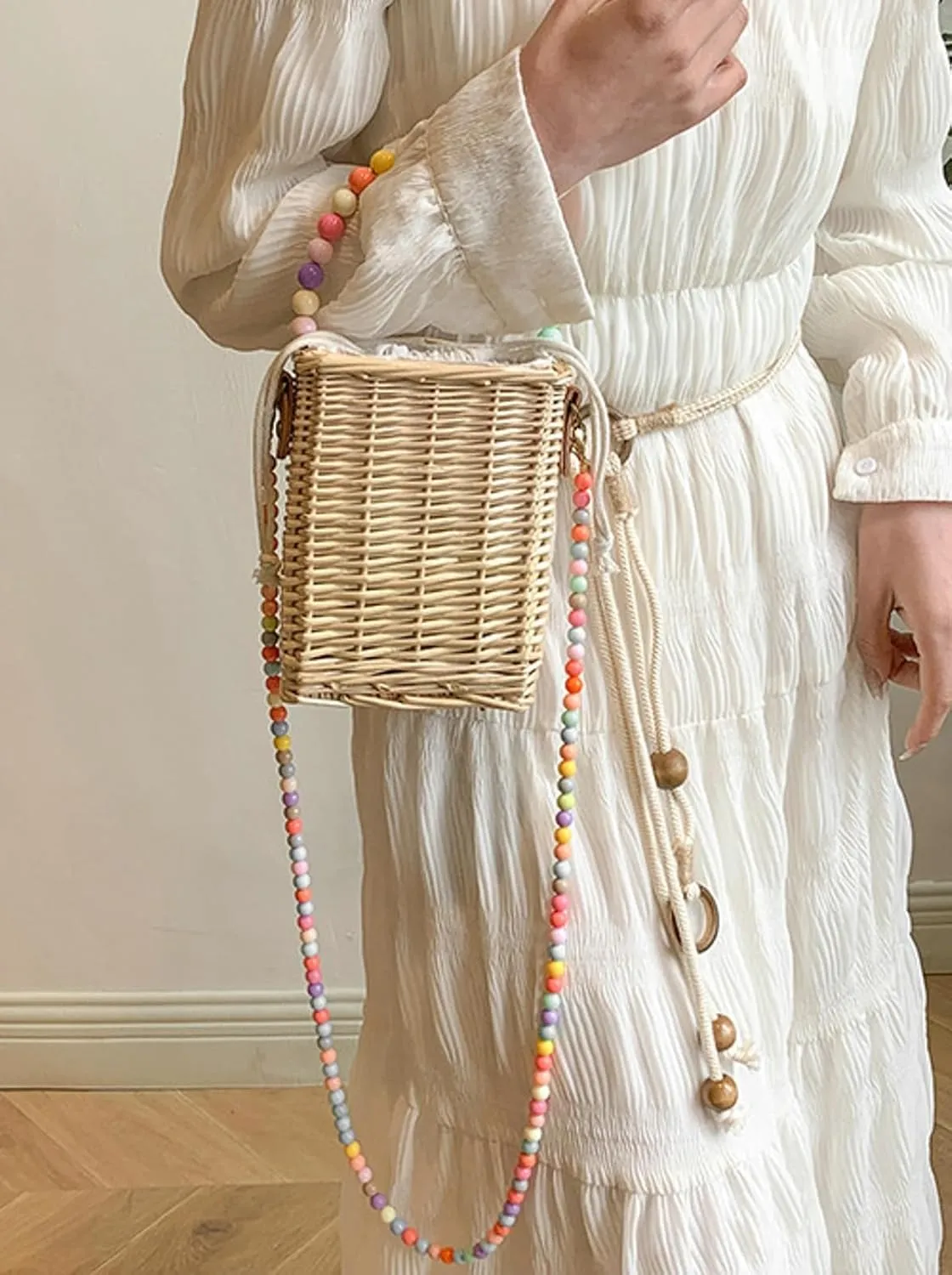 Summer Rattan Crossbody Handbag Colorful Beaded Satchel Shoulder Straw Beach Bucket Bag Travel Basket Bag