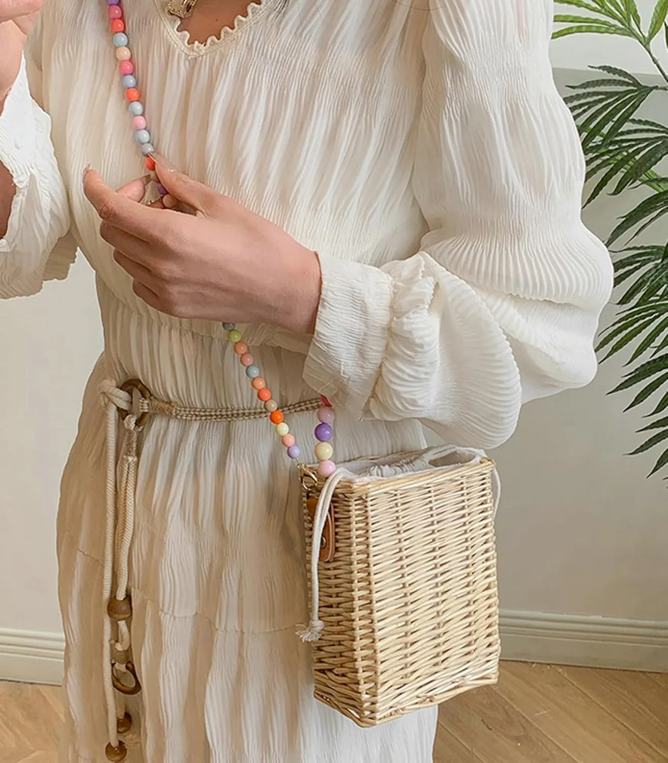 Summer Rattan Crossbody Handbag Colorful Beaded Satchel Shoulder Straw Beach Bucket Bag Travel Basket Bag