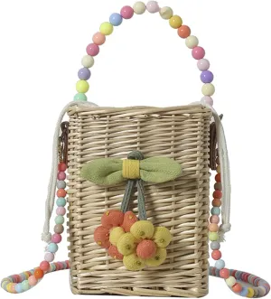Summer Rattan Crossbody Handbag Colorful Beaded Satchel Shoulder Straw Beach Bucket Bag Travel Basket Bag