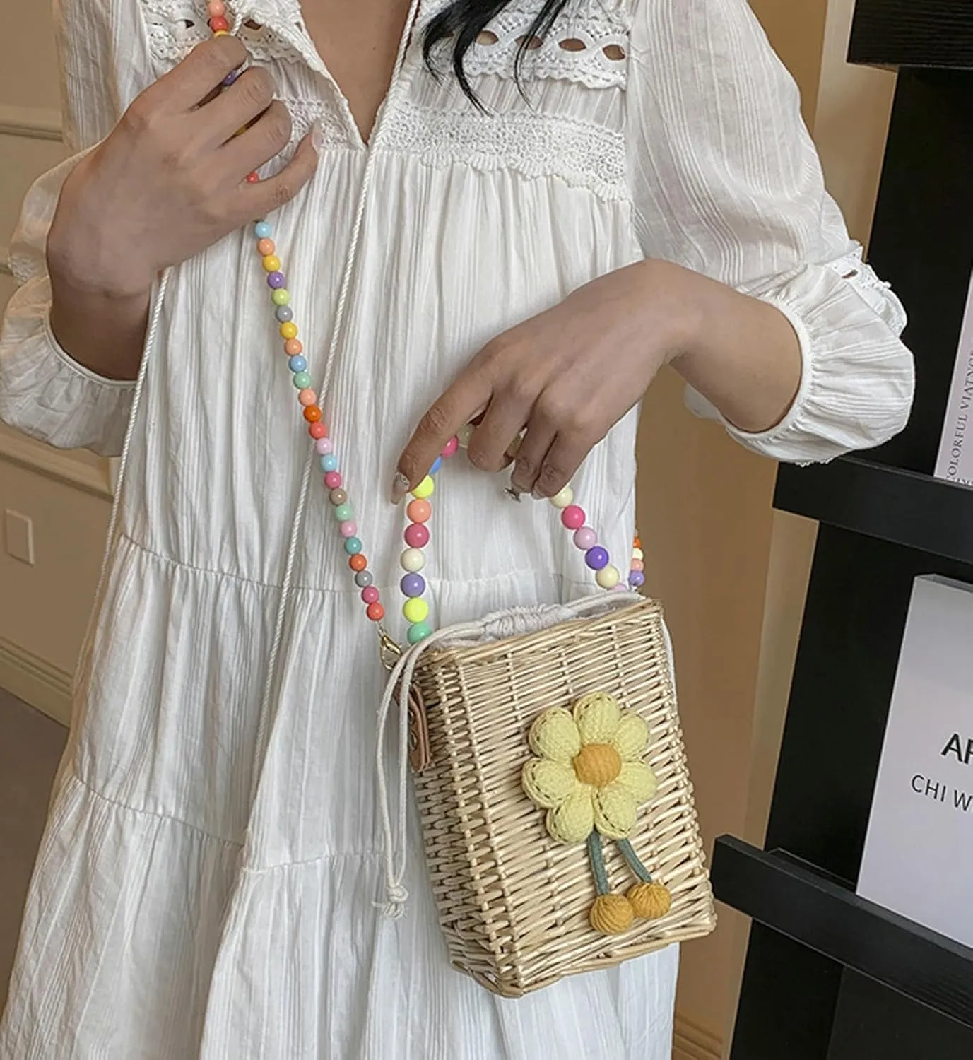 Summer Rattan Crossbody Handbag Colorful Beaded Satchel Shoulder Straw Beach Bucket Bag Travel Basket Bag
