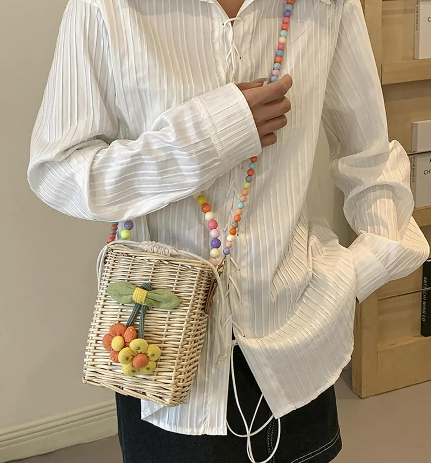 Summer Rattan Crossbody Handbag Colorful Beaded Satchel Shoulder Straw Beach Bucket Bag Travel Basket Bag