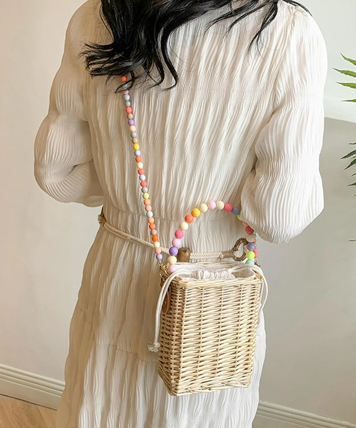 Summer Rattan Crossbody Handbag Colorful Beaded Satchel Shoulder Straw Beach Bucket Bag Travel Basket Bag