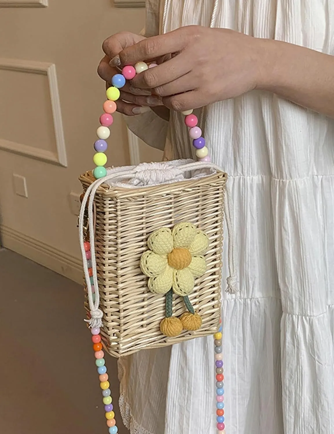 Summer Rattan Crossbody Handbag Colorful Beaded Satchel Shoulder Straw Beach Bucket Bag Travel Basket Bag