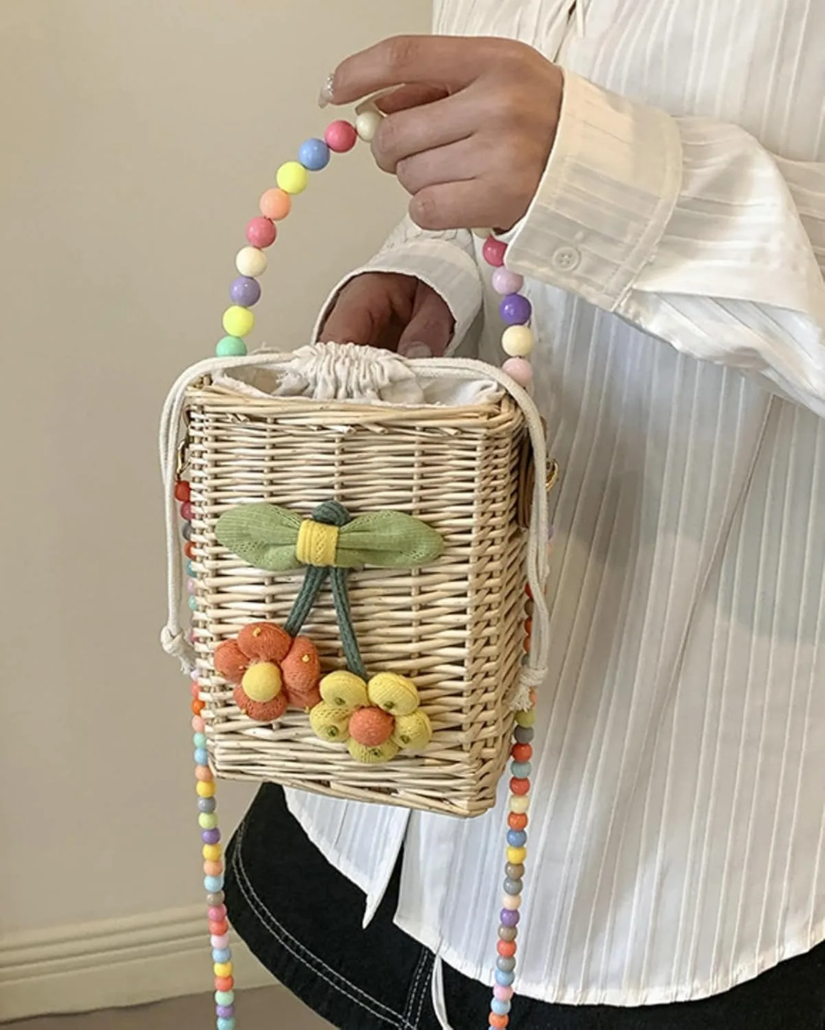Summer Rattan Crossbody Handbag Colorful Beaded Satchel Shoulder Straw Beach Bucket Bag Travel Basket Bag