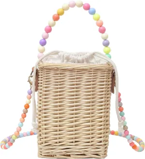 Summer Rattan Crossbody Handbag Colorful Beaded Satchel Shoulder Straw Beach Bucket Bag Travel Basket Bag