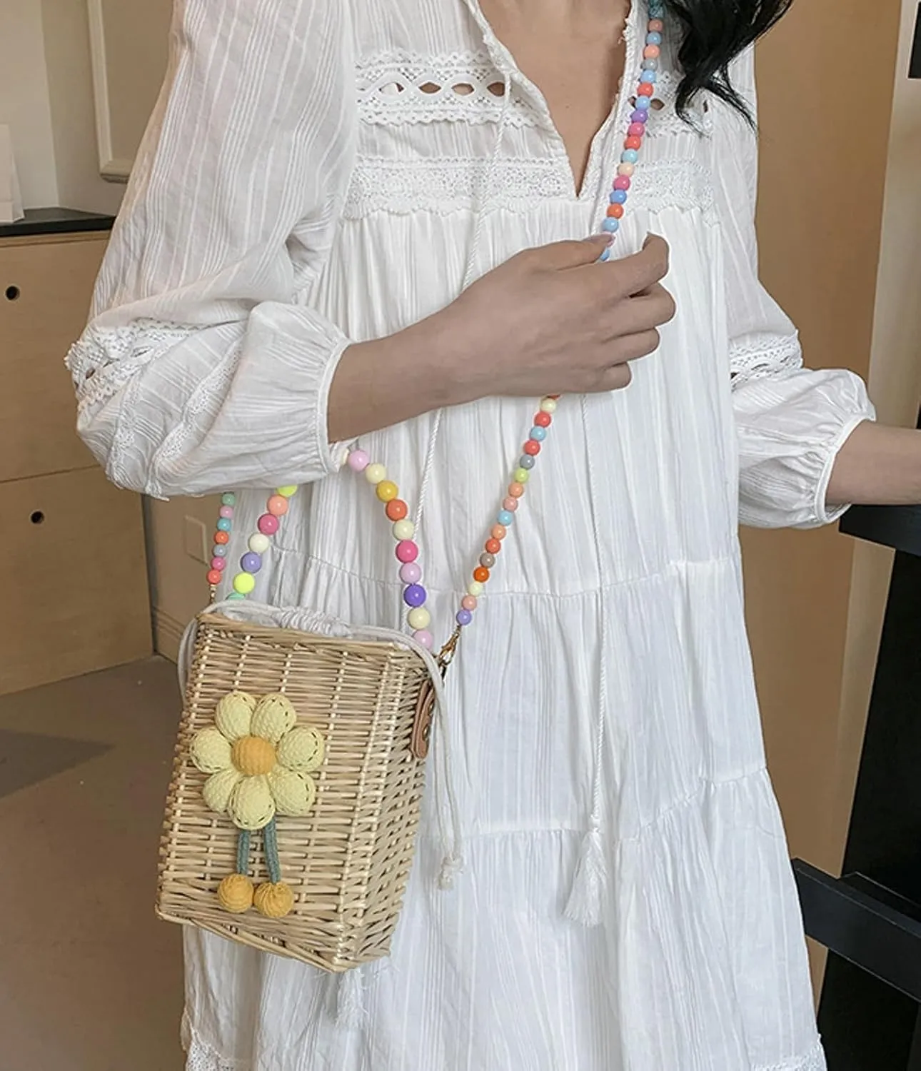 Summer Rattan Crossbody Handbag Colorful Beaded Satchel Shoulder Straw Beach Bucket Bag Travel Basket Bag