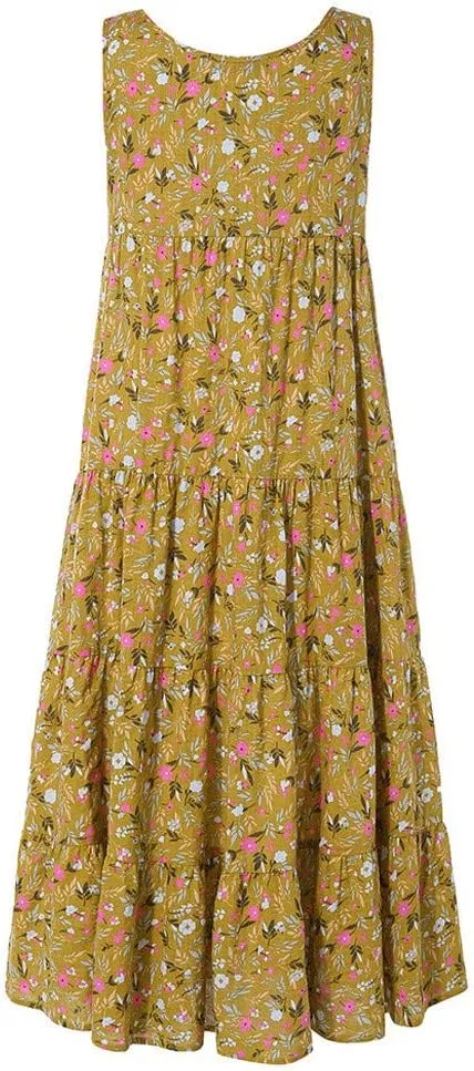 Summer Tank Dress for Women Sleeveless Cotton Linen Sundress Boho Floral Tiered Maxi Dress Plus Size Loose Beach Dress