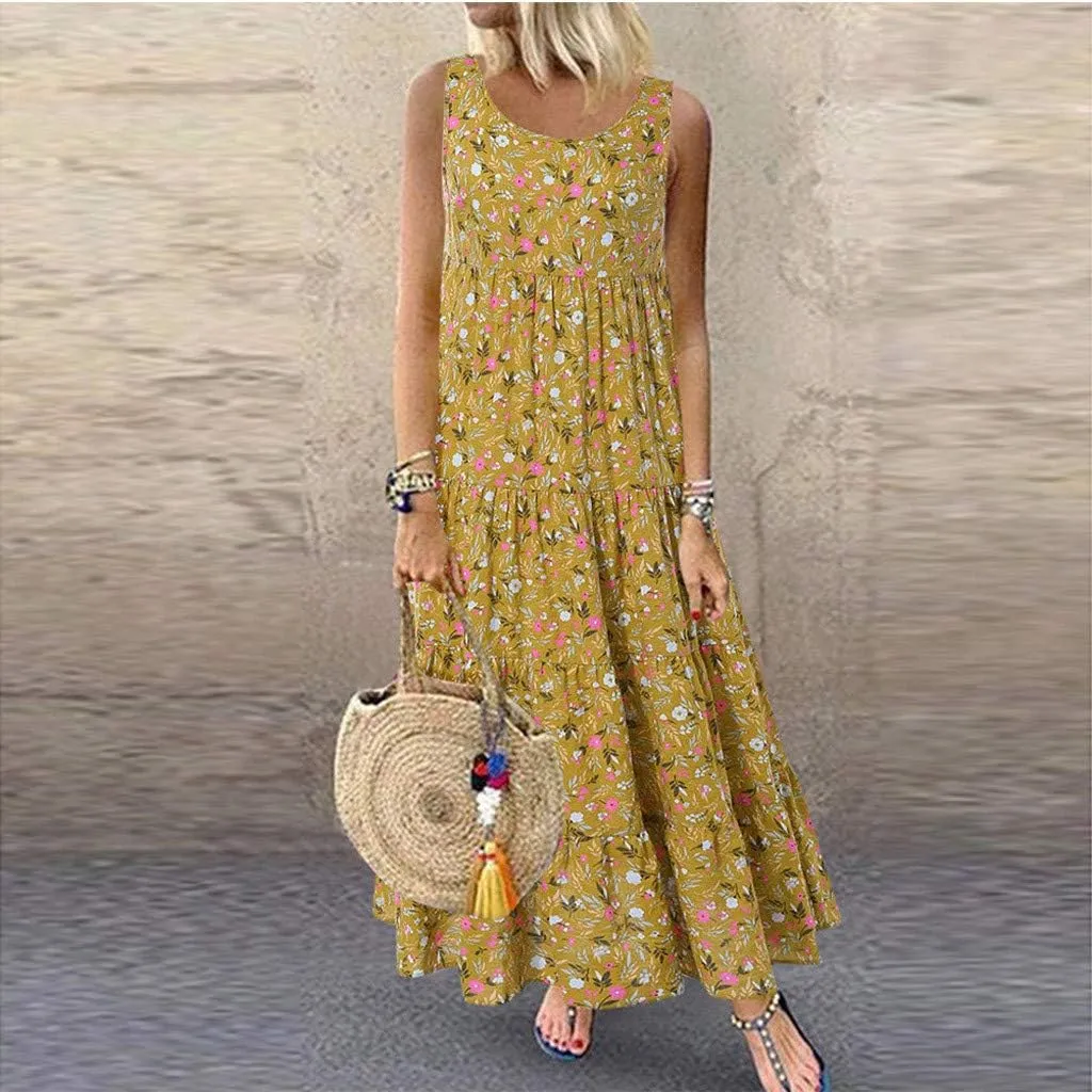 Summer Tank Dress for Women Sleeveless Cotton Linen Sundress Boho Floral Tiered Maxi Dress Plus Size Loose Beach Dress