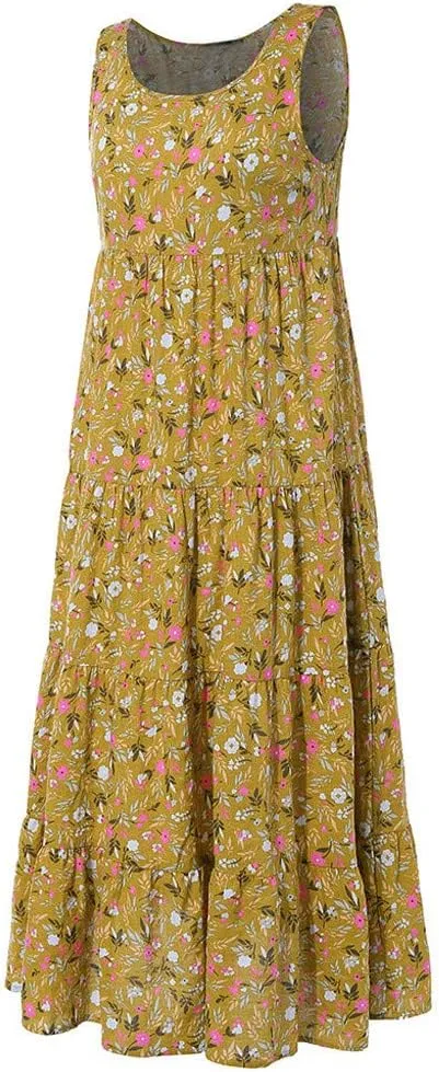 Summer Tank Dress for Women Sleeveless Cotton Linen Sundress Boho Floral Tiered Maxi Dress Plus Size Loose Beach Dress