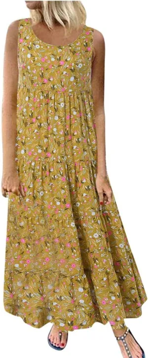 Summer Tank Dress for Women Sleeveless Cotton Linen Sundress Boho Floral Tiered Maxi Dress Plus Size Loose Beach Dress