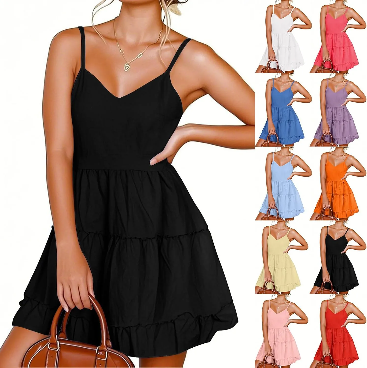 Sundresses for Women 2025 Summer Spaghetti Straps Mini Dress Sleeveless Boho Beach Tiered Pleated Flowy Skater Dress