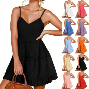 Sundresses for Women 2025 Summer Spaghetti Straps Mini Dress Sleeveless Boho Beach Tiered Pleated Flowy Skater Dress