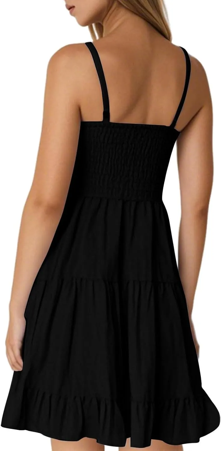 Sundresses for Women 2025 Summer Spaghetti Straps Mini Dress Sleeveless Boho Beach Tiered Pleated Flowy Skater Dress