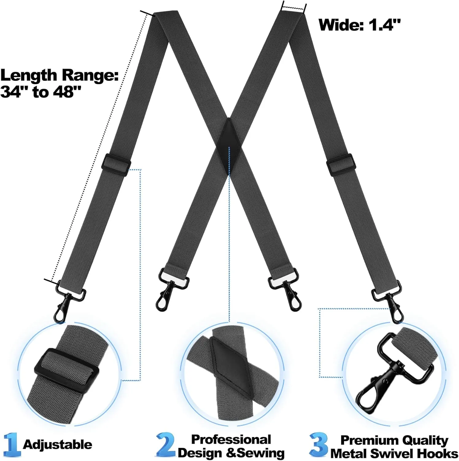 Suspenders for Men Heavy Duty, Mens Suspenders for Jeans with 4 Snap Hooks Adjustable X Back Men's Suspenders