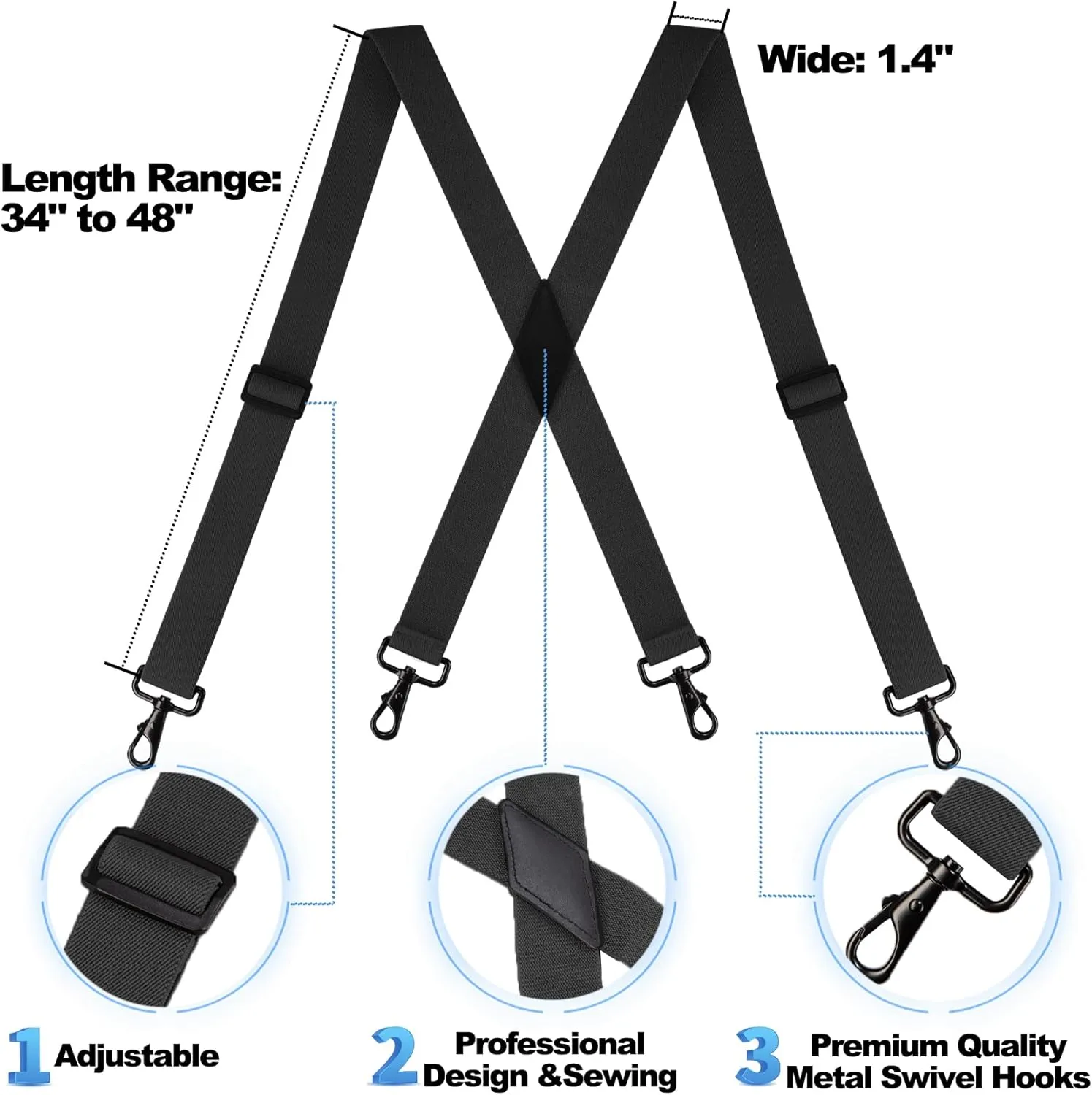 Suspenders for Men Heavy Duty, Mens Suspenders for Jeans with 4 Snap Hooks Adjustable X Back Men's Suspenders