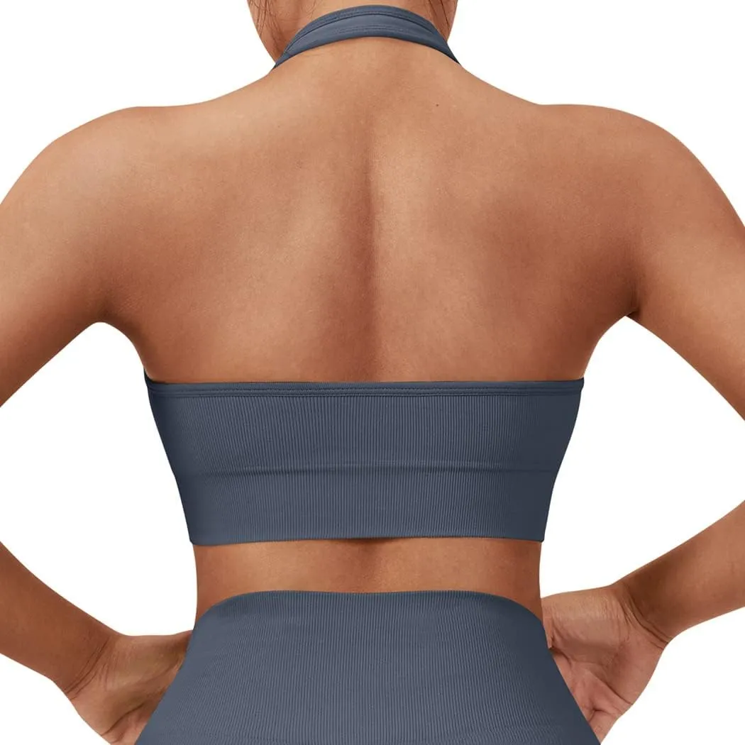 SUUKSESS Women Seamless Halter Sports Bra Open Back Padded Workout Crop Tank Tops