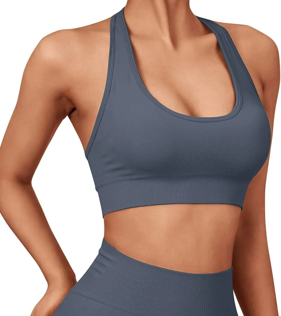 SUUKSESS Women Seamless Halter Sports Bra Open Back Padded Workout Crop Tank Tops