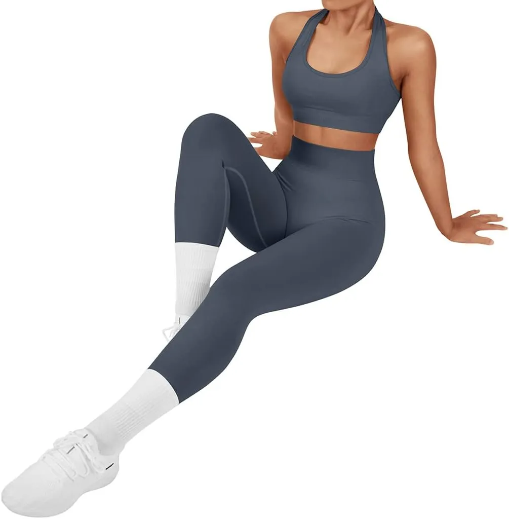 SUUKSESS Women Seamless Halter Sports Bra Open Back Padded Workout Crop Tank Tops