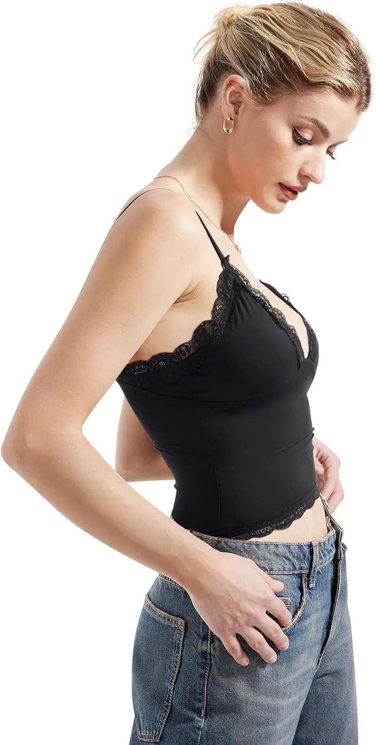 SUUKSESS Women Sexy Deep V Neck Sleeveless Fitted Basic Tops Y2K Tank Top Cami