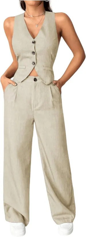 SweatyRocks Women's 2 Piece Solid Sleeveless V Neck Cross Back Button Down Blazer and Pants Business Office Suit Set