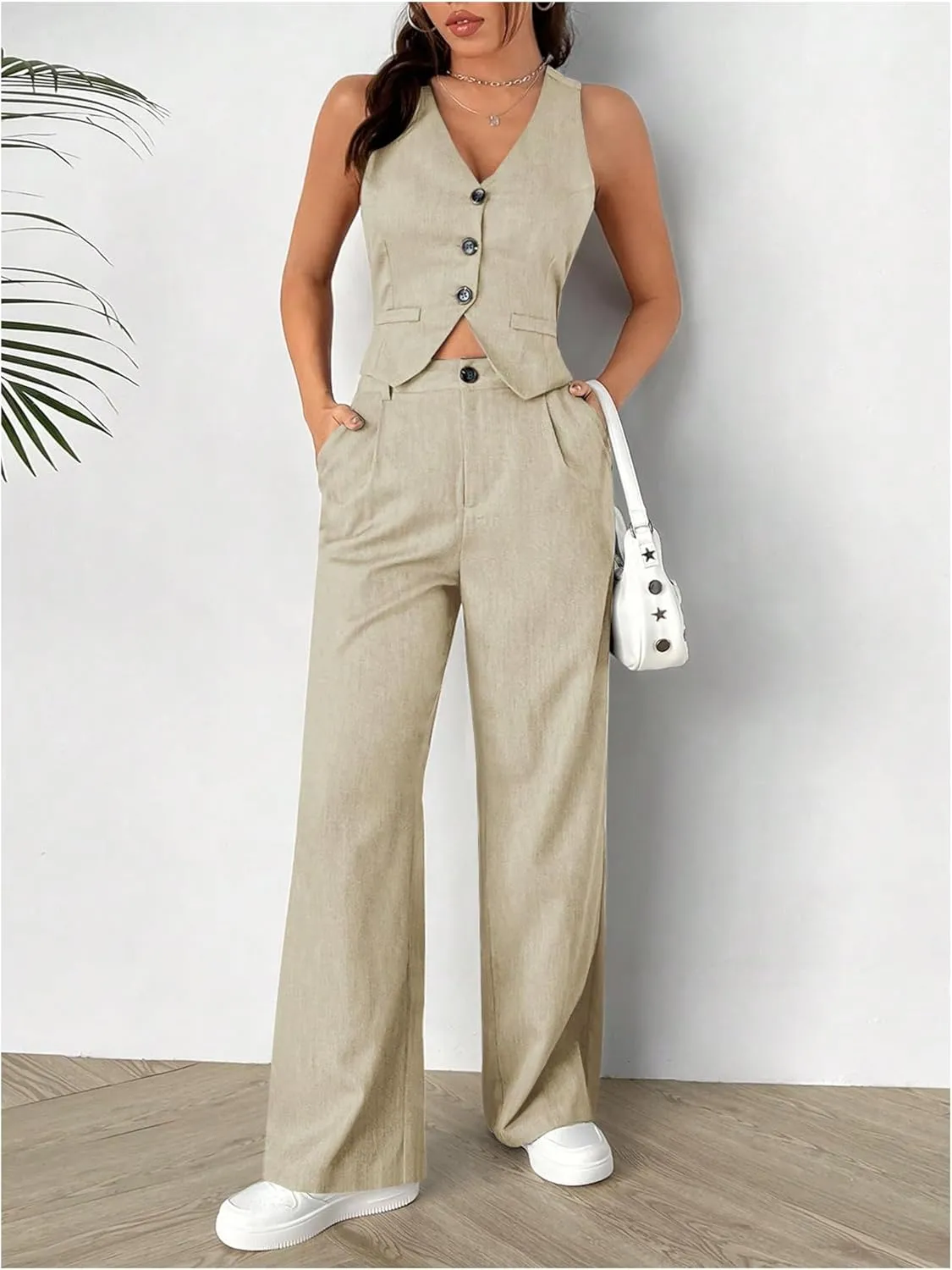 SweatyRocks Women's 2 Piece Solid Sleeveless V Neck Cross Back Button Down Blazer and Pants Business Office Suit Set