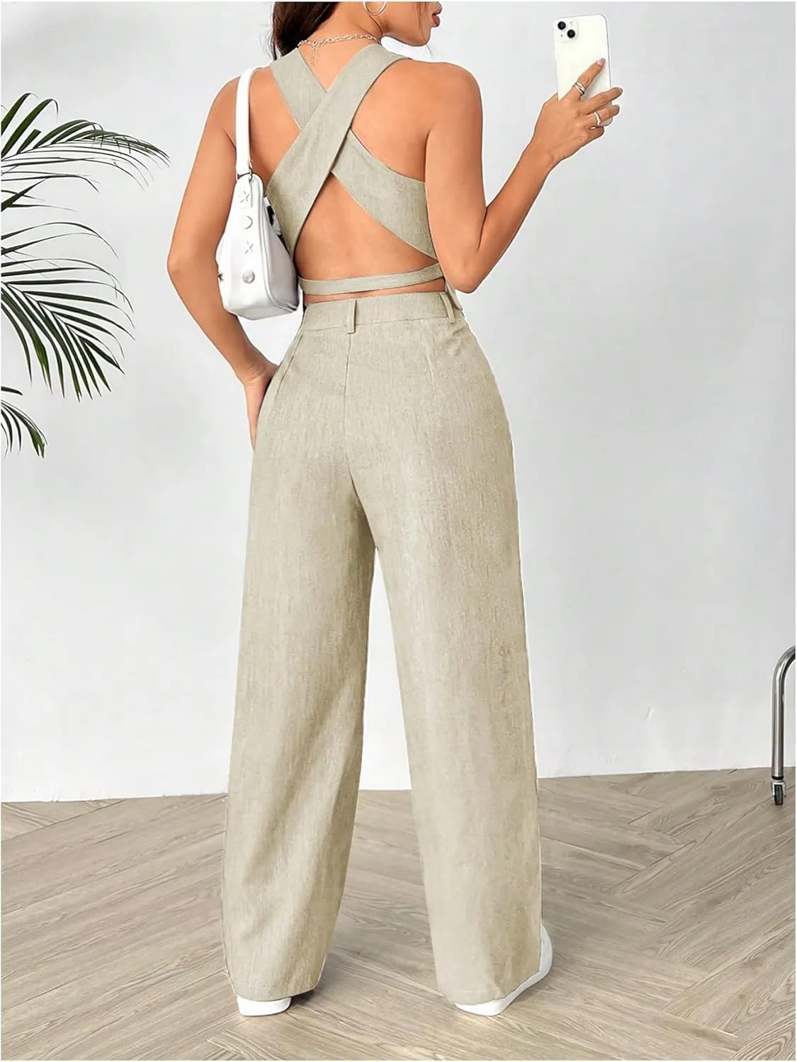SweatyRocks Women's 2 Piece Solid Sleeveless V Neck Cross Back Button Down Blazer and Pants Business Office Suit Set