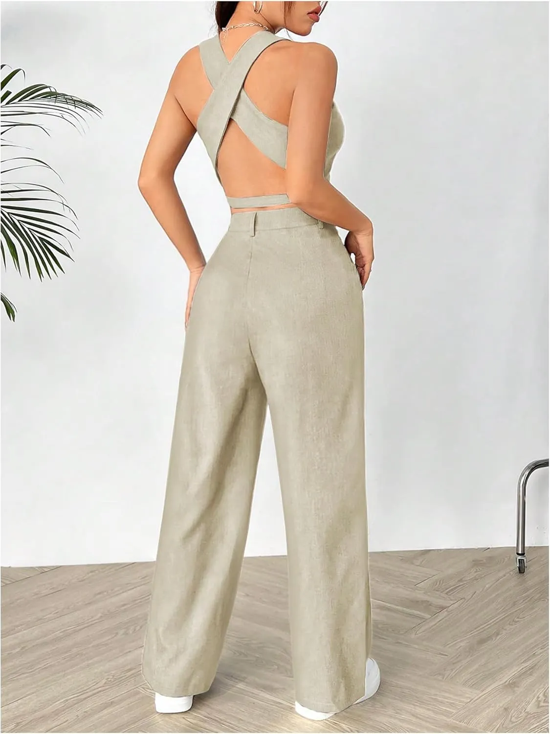 SweatyRocks Women's 2 Piece Solid Sleeveless V Neck Cross Back Button Down Blazer and Pants Business Office Suit Set